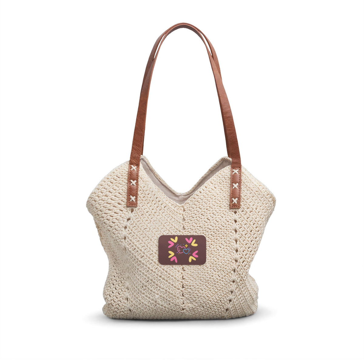 Straw Shoulder Bag — Boho Crochet Tote with Leather Straps