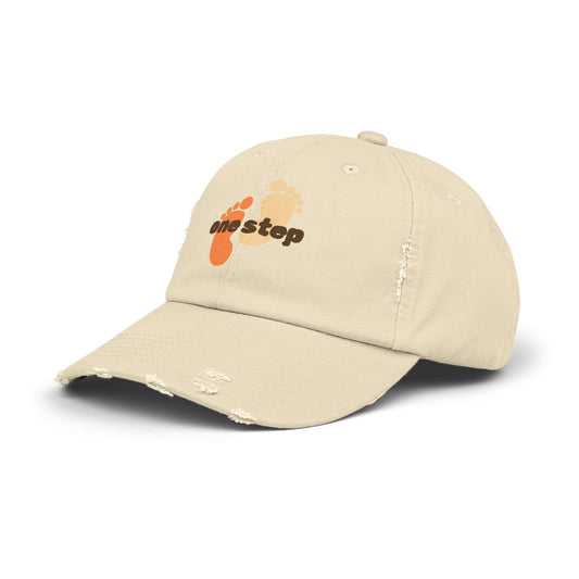 One Step Distressed Dad Hat — Retro Footprint Embroidered Cap