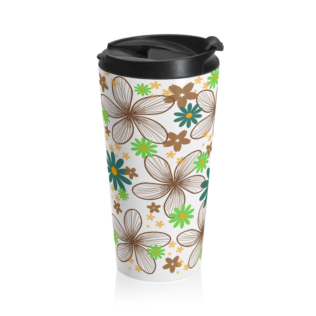 Floral Stainless Steel Travel Mug — Green & Brown Retro Flower Pattern