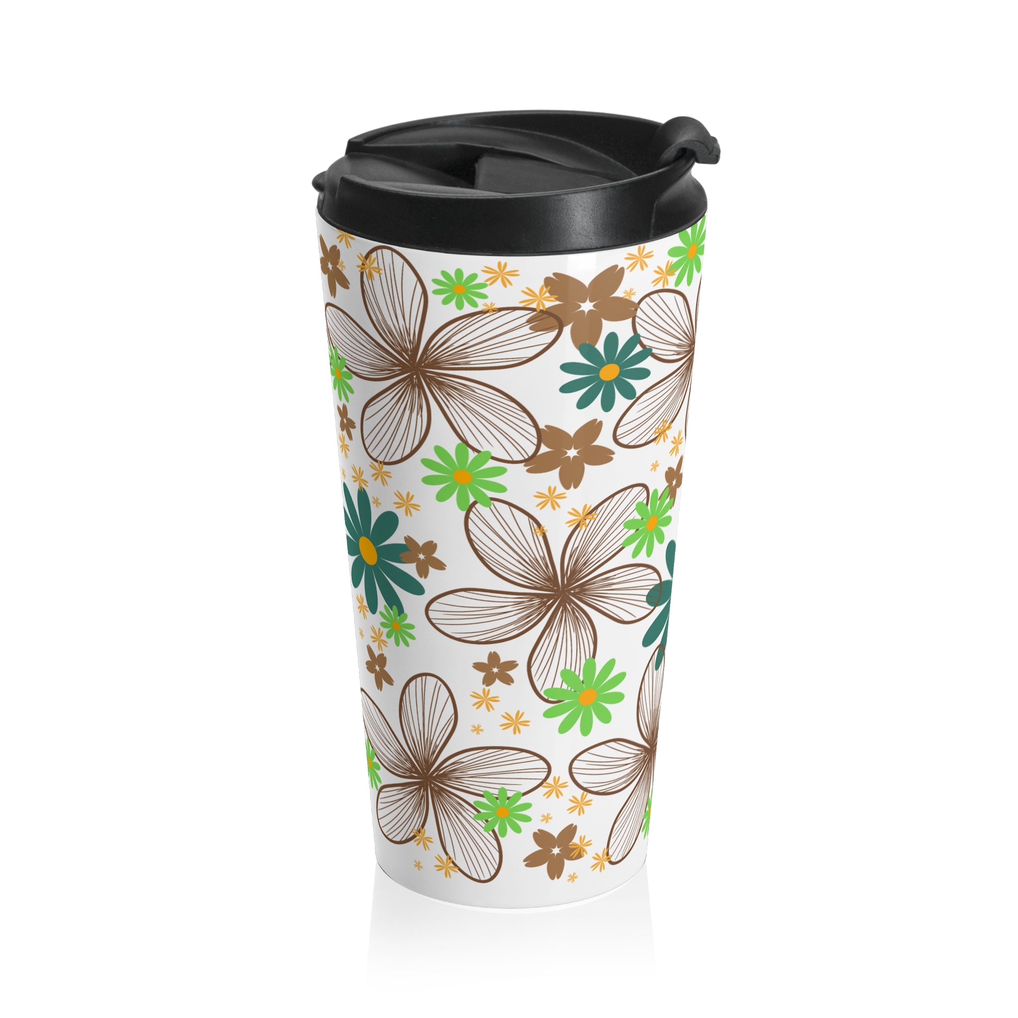 Floral Stainless Steel Travel Mug — Green & Brown Retro Flower Pattern