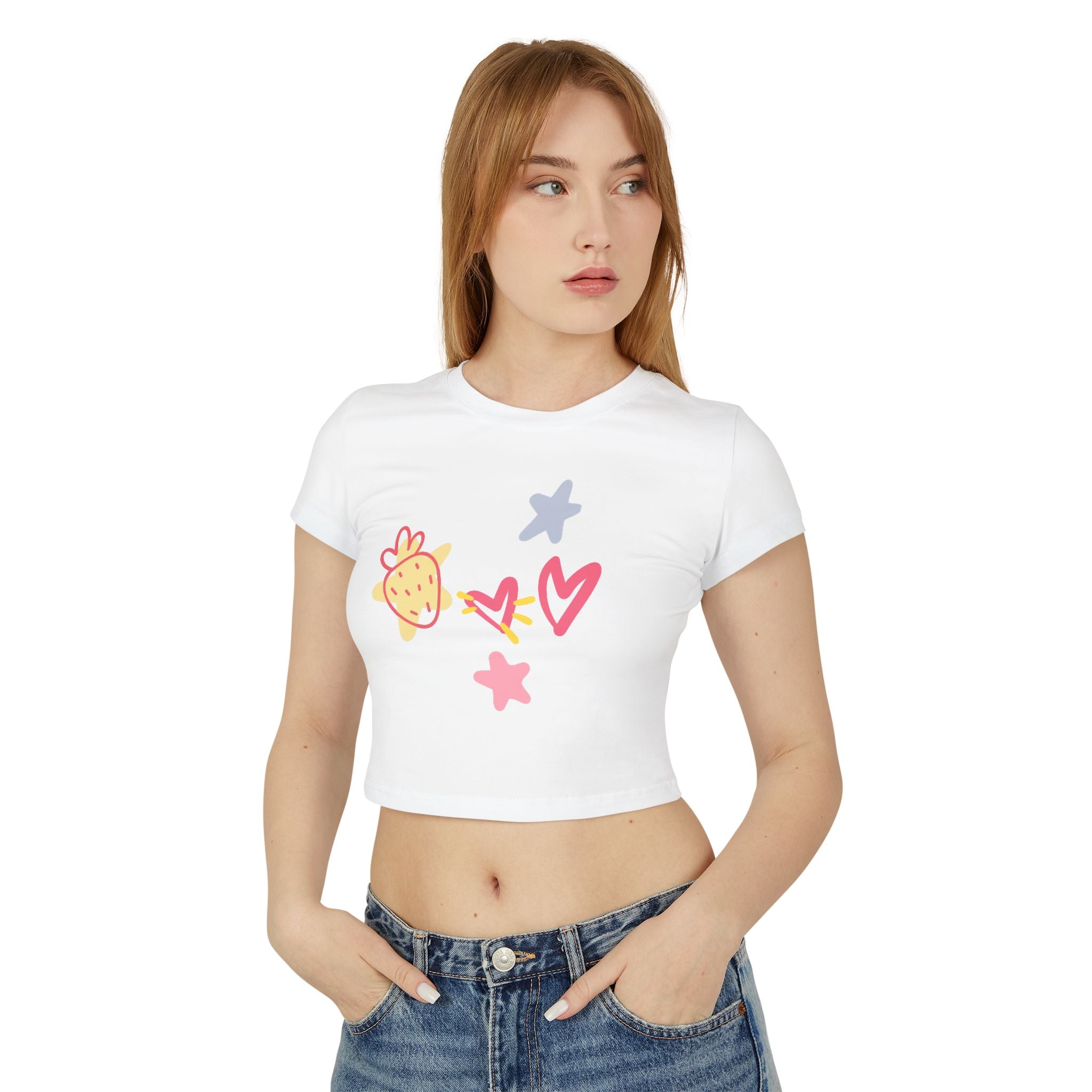 Cute Doodle Hearts & Pineapple Crop Tee — Women's Baby Tee