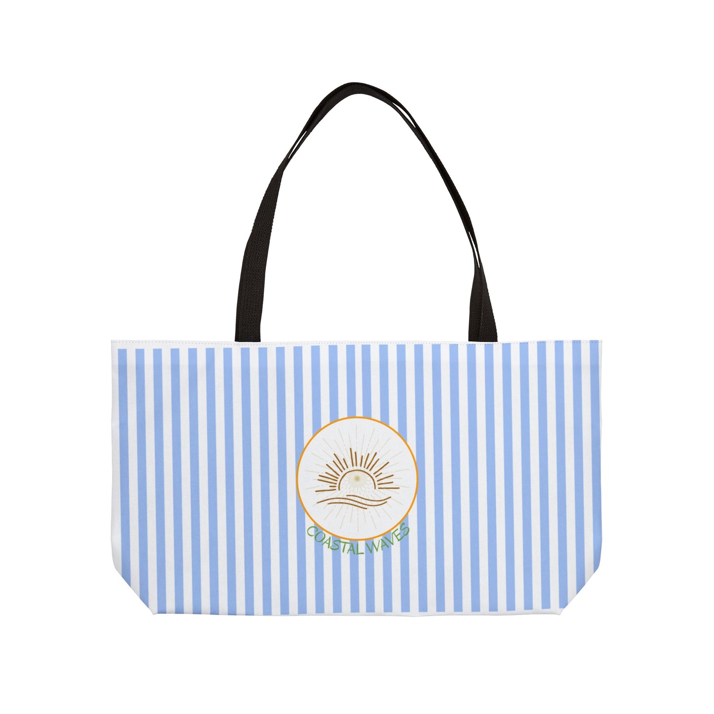 Weekender Tote Bag — Blue Striped Beach Tote with Sunrise Emblem