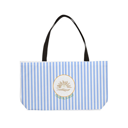 Weekender Tote Bag — Blue Striped Beach Tote with Sunrise Emblem