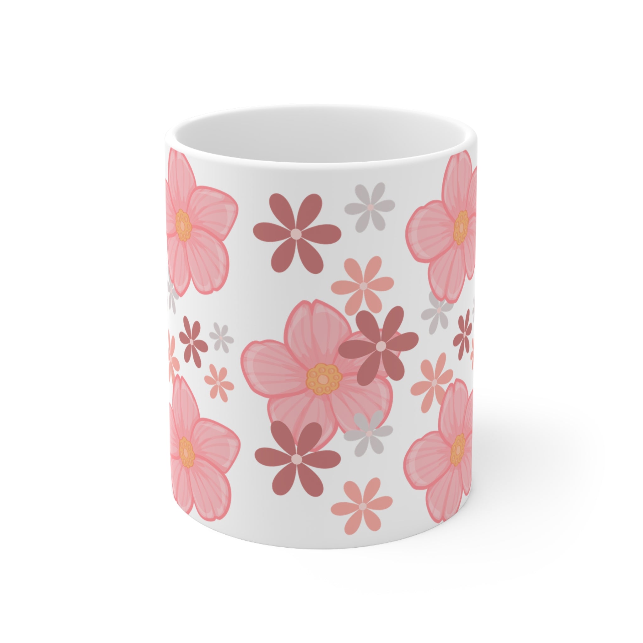 Pink Floral Ceramic Coffee Mug — Cute Flower Pattern, 11oz & 15oz