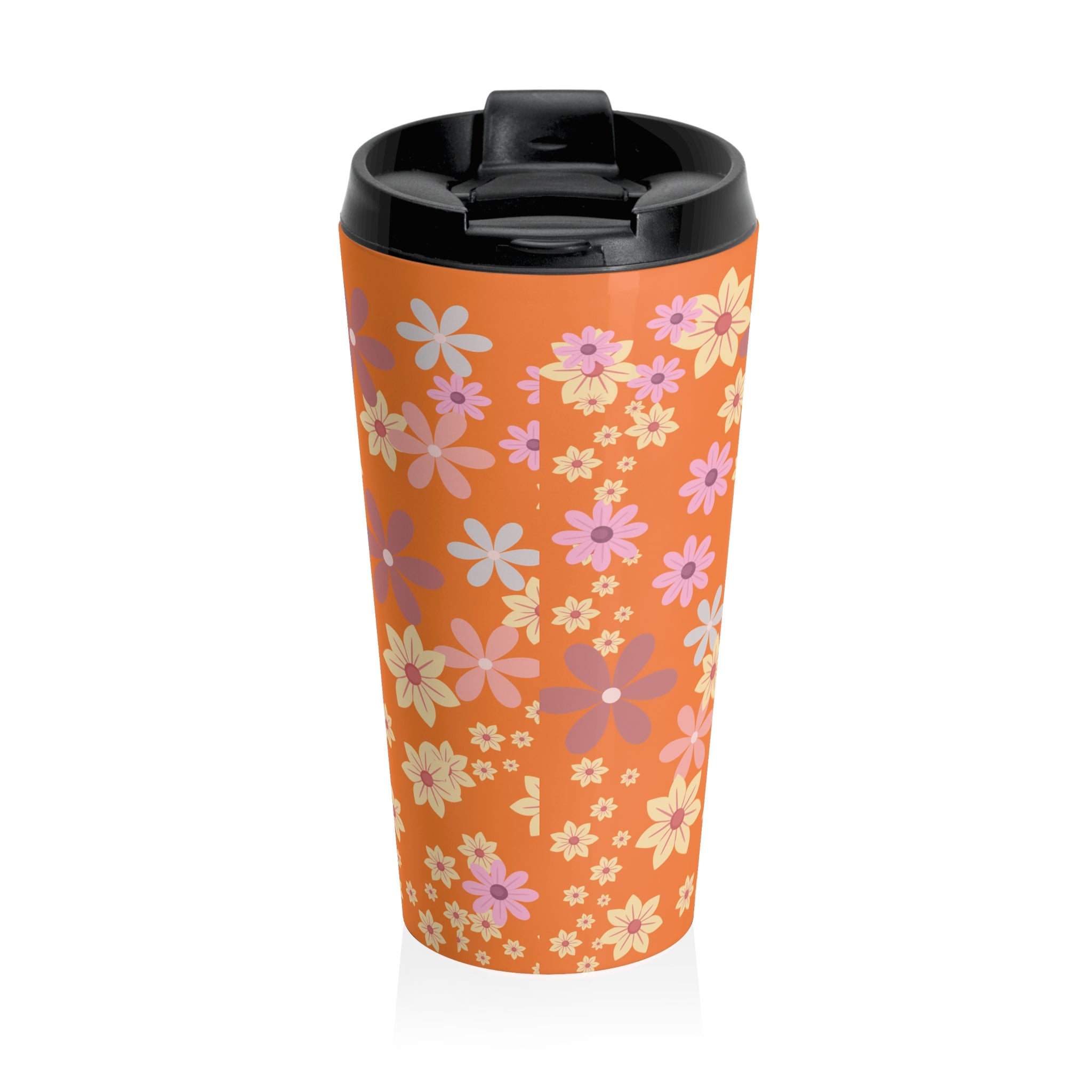 Retro Floral Orange Stainless Steel Travel Mug — 70s Daisy Pattern, Insulated Coffee Cup