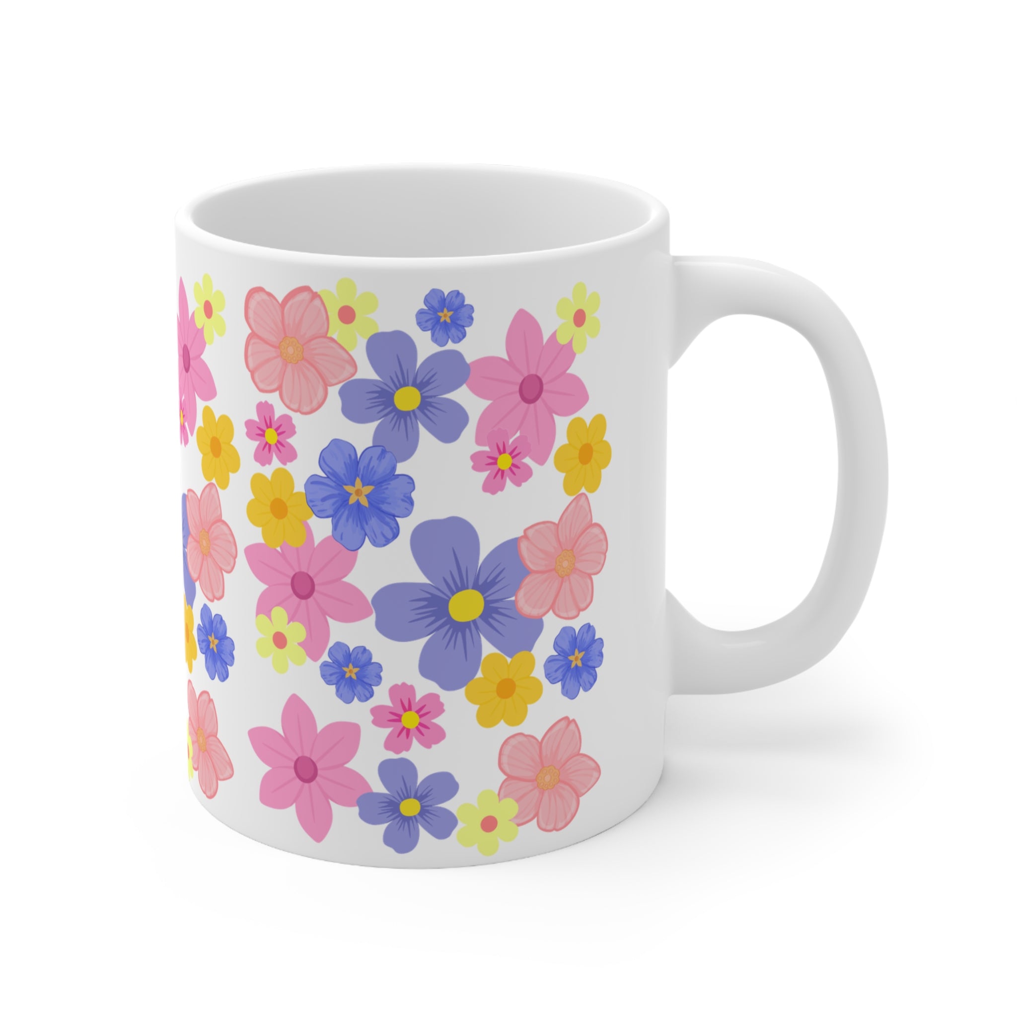 Floral Pattern Ceramic Mug — Colorful Spring Flowers Coffee Cup (11oz & 15oz)