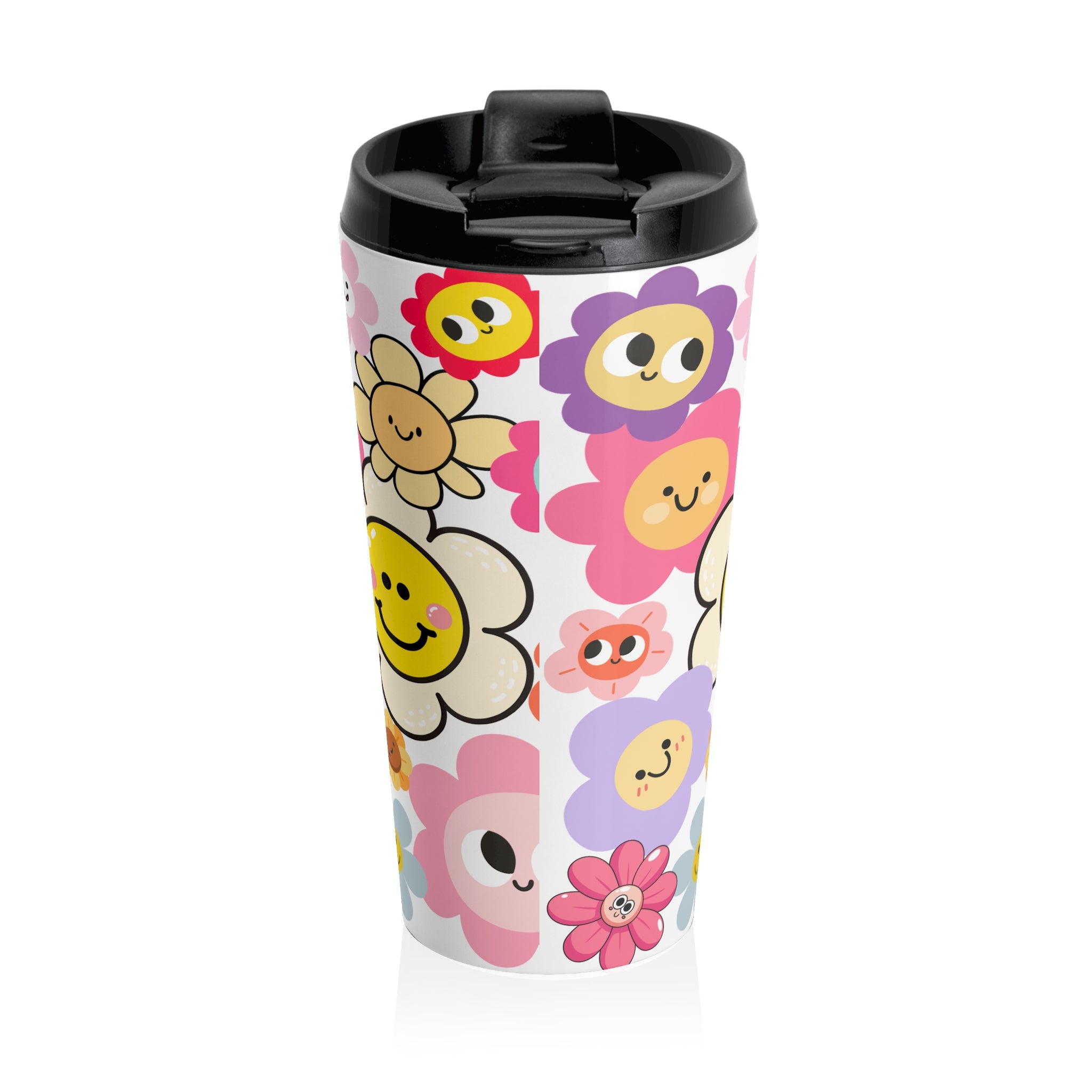 Happy Flower Faces Stainless Steel Travel Mug — Colorful Cute Floral Tumbler