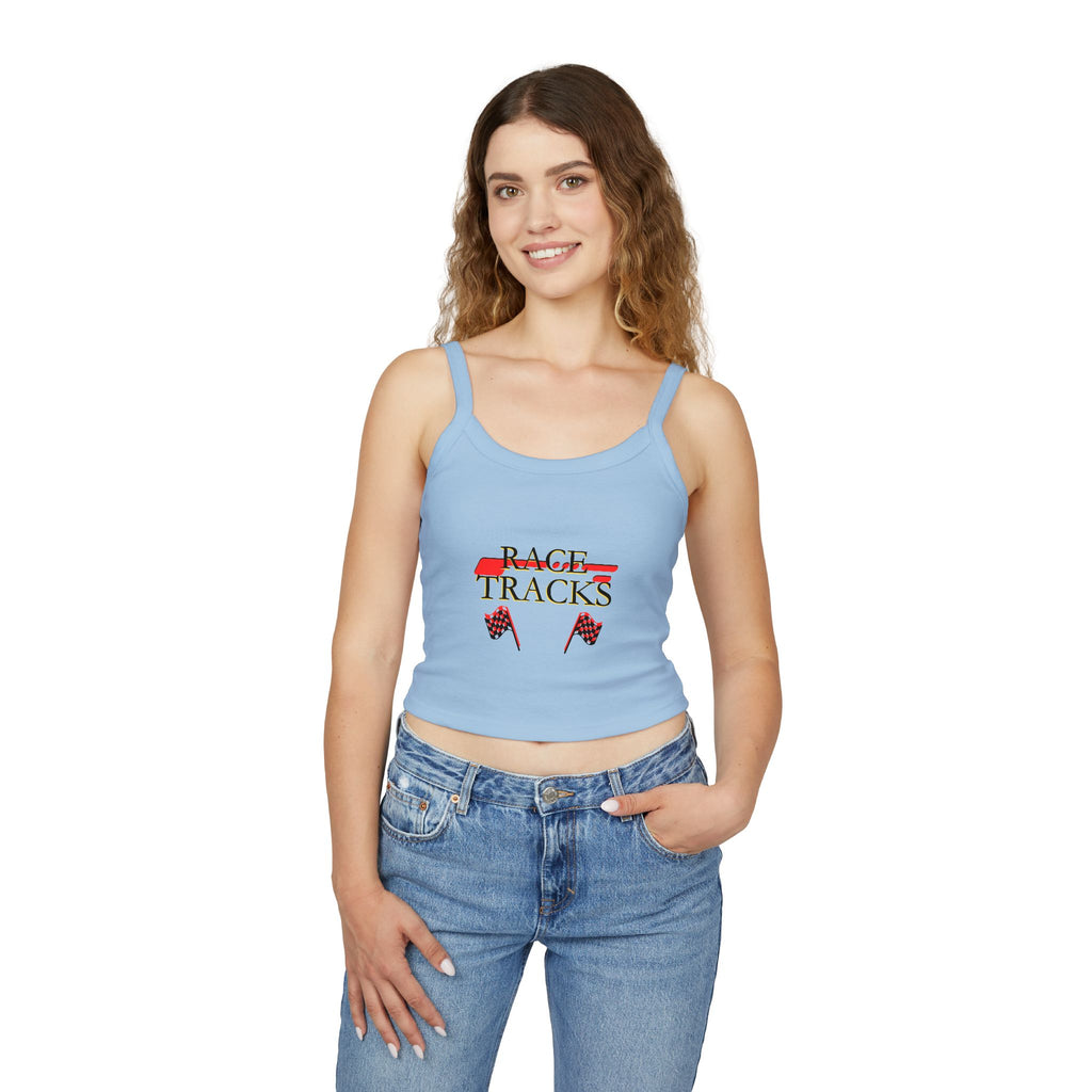 Race Tracks Crop Tank Top — Racing Flag Graphic Womens Spaghetti Strap Tank
