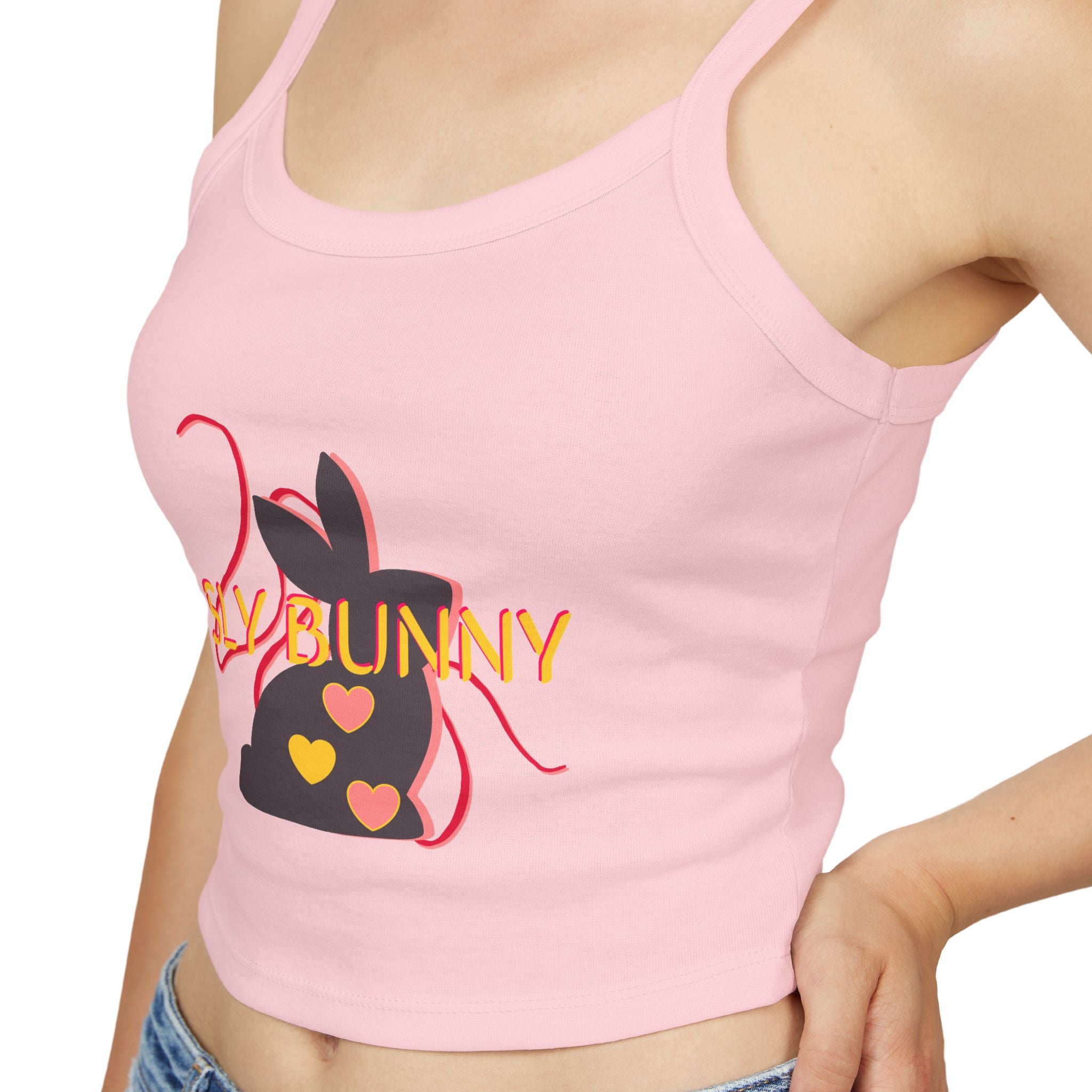 Sly Bunny Crop Tank Top – Cute Heart Bunny Graphic Spaghetti Strap