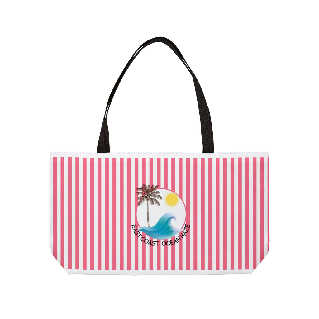 Weekender Tote Bag — Pink Striped Beach Tote with Palm Tree & 'Goodbye Oceans' Graphic