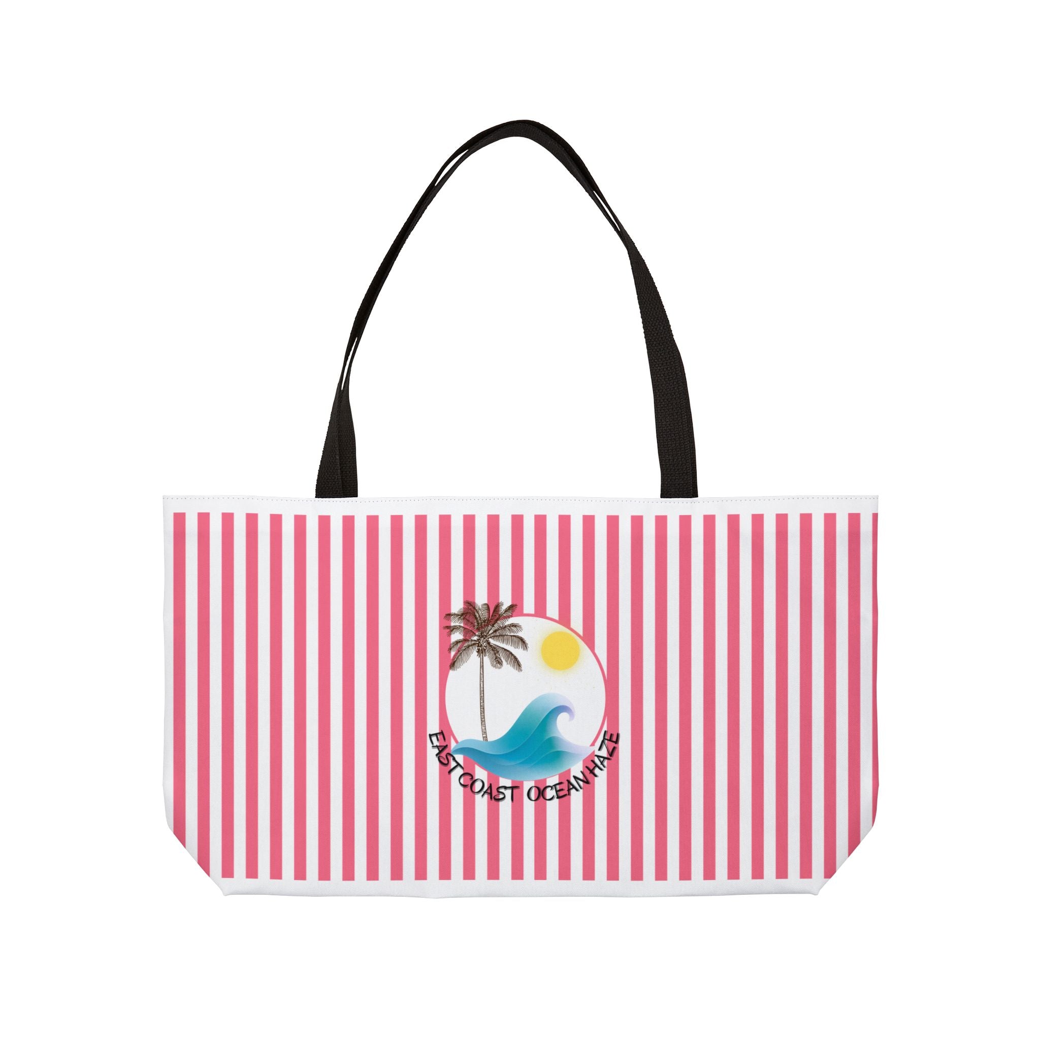 Weekender Tote Bag — Pink Striped Beach Tote with Palm Tree & 'Goodbye Oceans' Graphic
