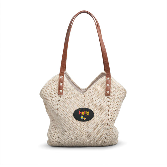 Straw Shoulder Bag — Casual Woven Tote with 'hello' Patch, Beach & Everyday Summer Accessory