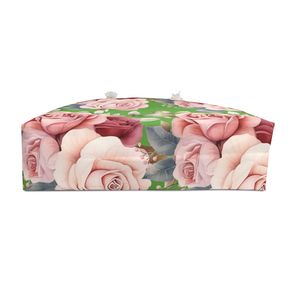 Floral Rose Weekender Bag — Pink Roses on Green Tote for Travel & Beach