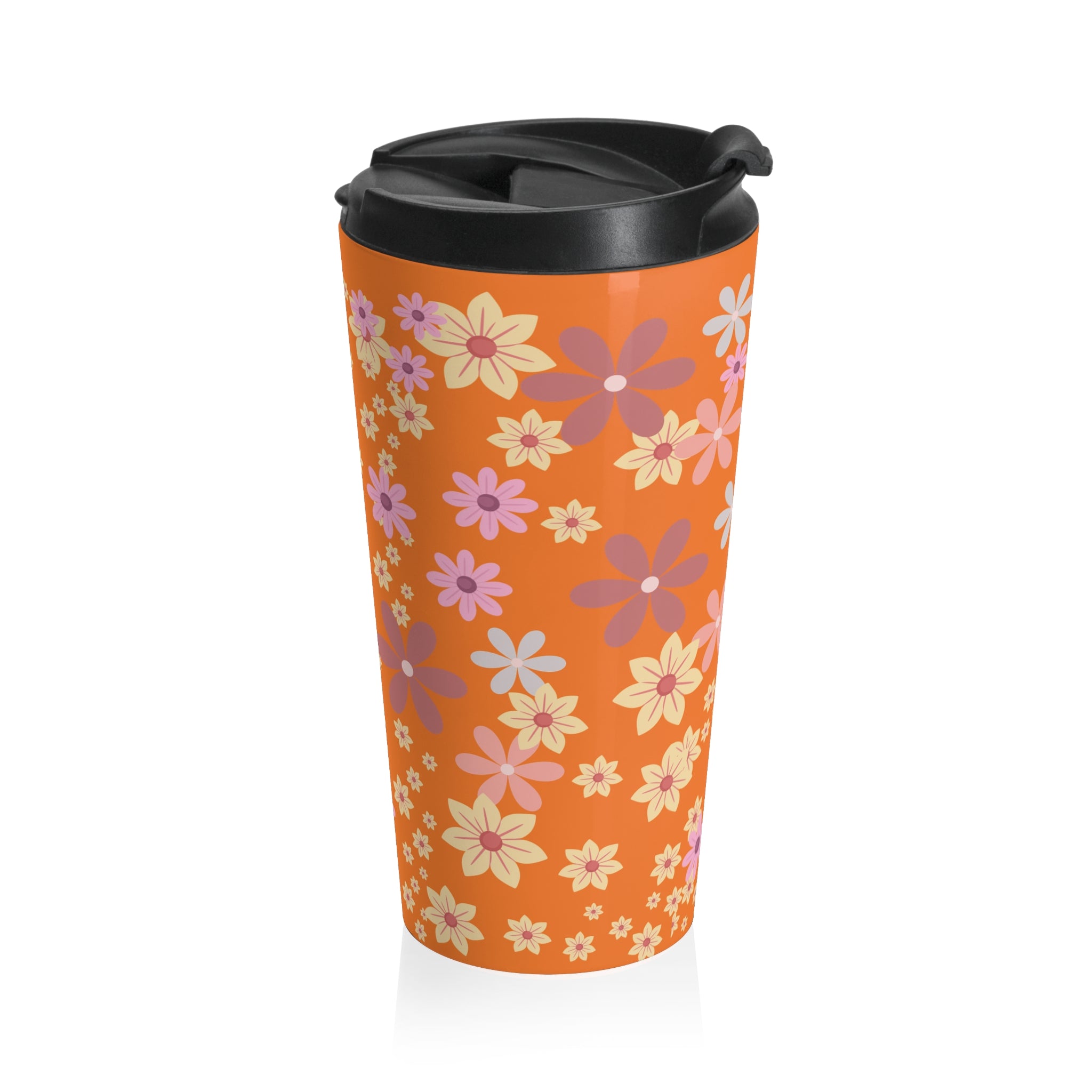 Retro Floral Orange Stainless Steel Travel Mug — 70s Daisy Pattern, Insulated Coffee Cup