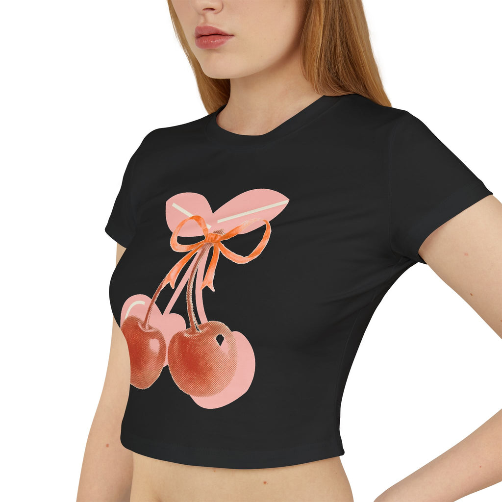 Cherry Bow Crop Tee — Cute Pink Watercolor Fruit Graphic Women's Baby Tee