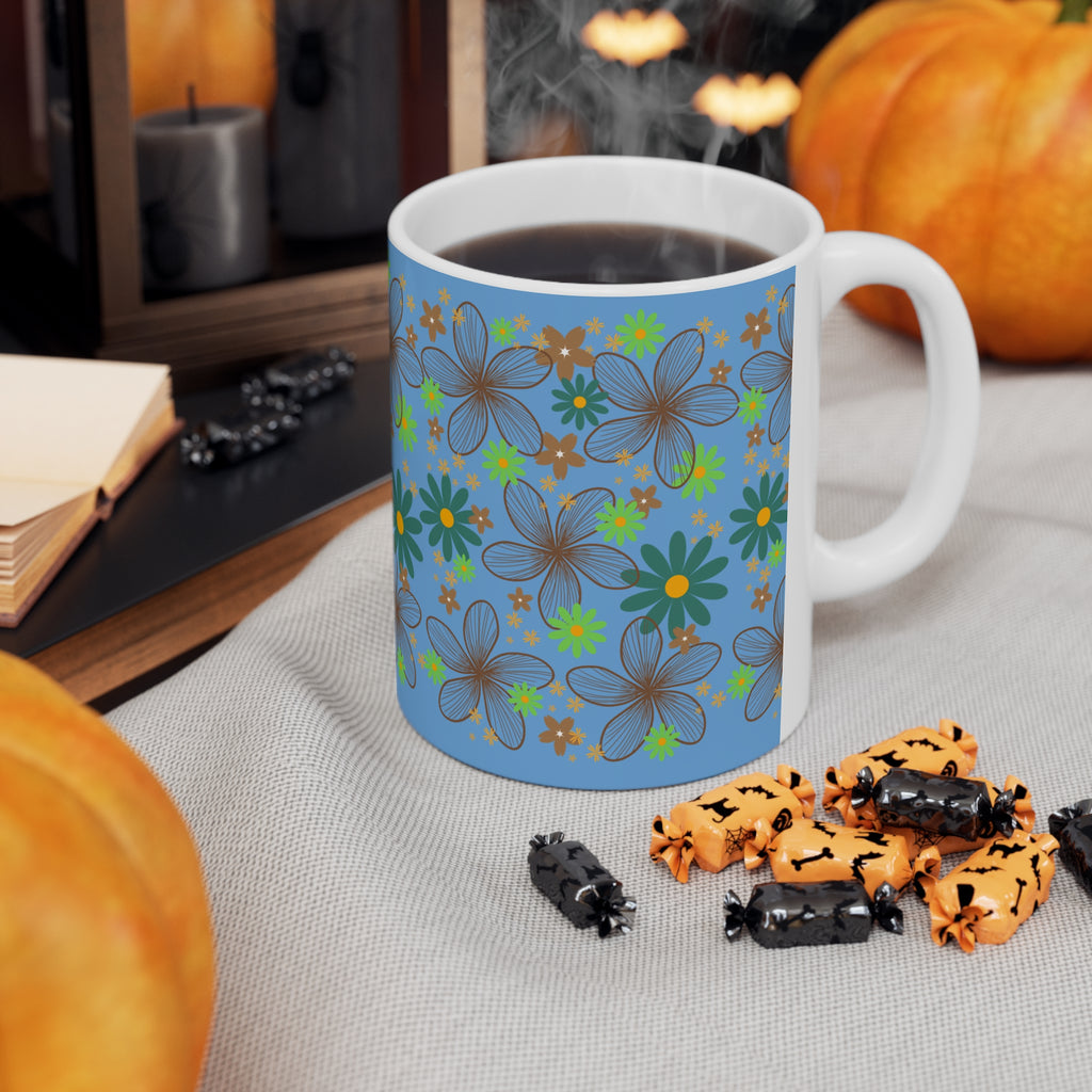 Blue Floral Ceramic Coffee Mug — Retro Daisy Pattern, 11oz & 15oz