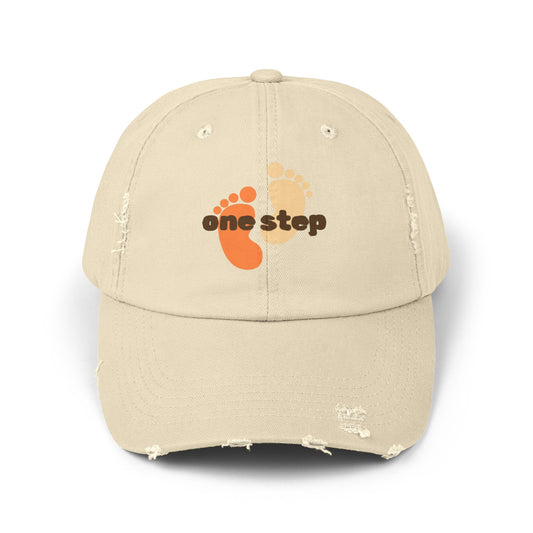 One Step Distressed Dad Hat — Retro Footprint Embroidered Cap