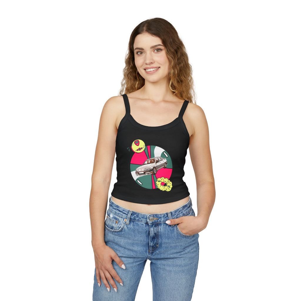 Retro Car Crop Tank Top — Vintage Sedan Graphic Spaghetti Strap Top