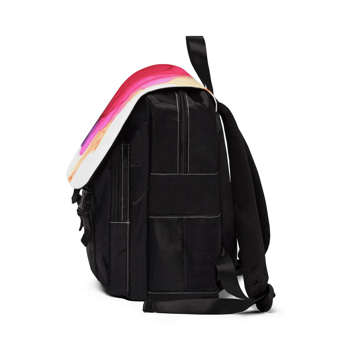 Watercolor Pink & Gold Flap Backpack — Abstract Ink Art Shoulder Backpack