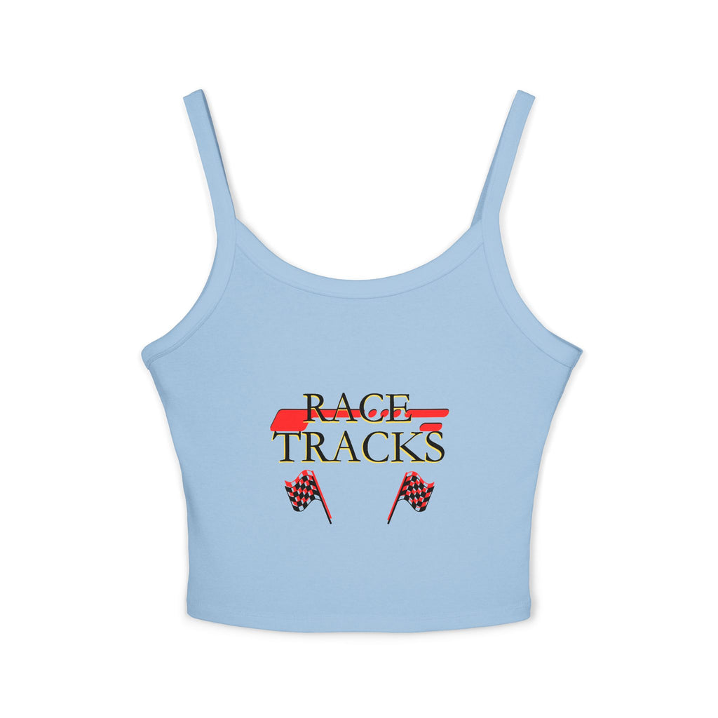 Race Tracks Crop Tank Top — Racing Flag Graphic Womens Spaghetti Strap Tank
