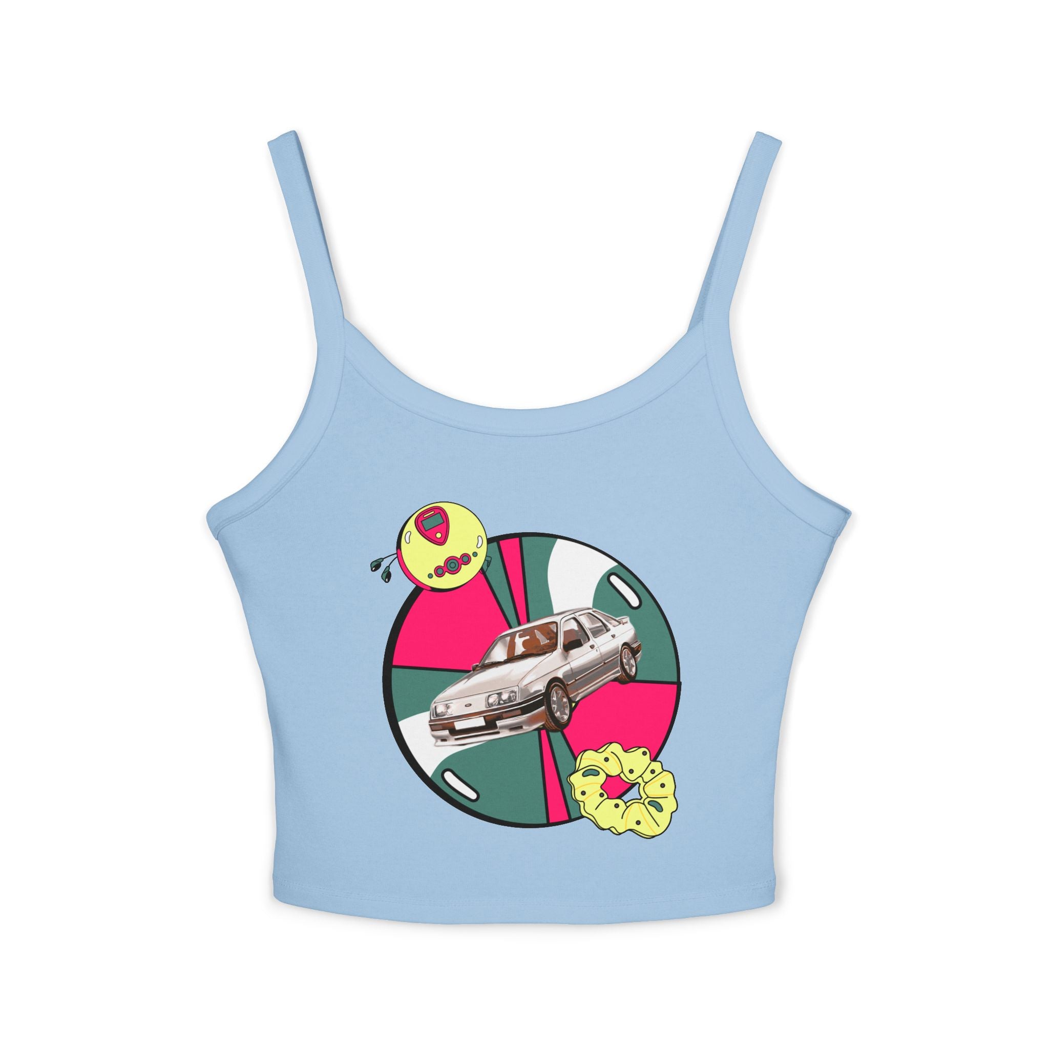 Retro Car Crop Tank Top — Vintage Sedan Graphic Spaghetti Strap Top
