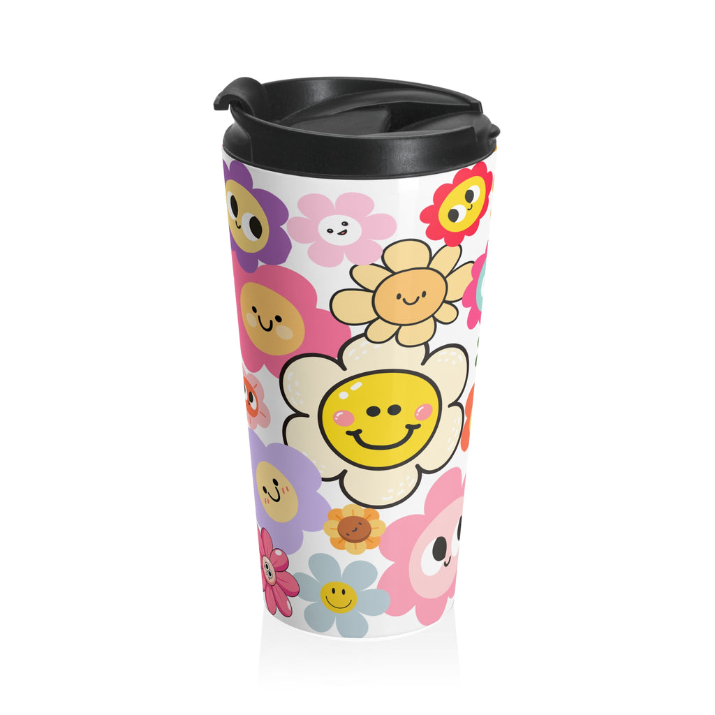 Happy Flower Faces Stainless Steel Travel Mug — Colorful Cute Floral Tumbler