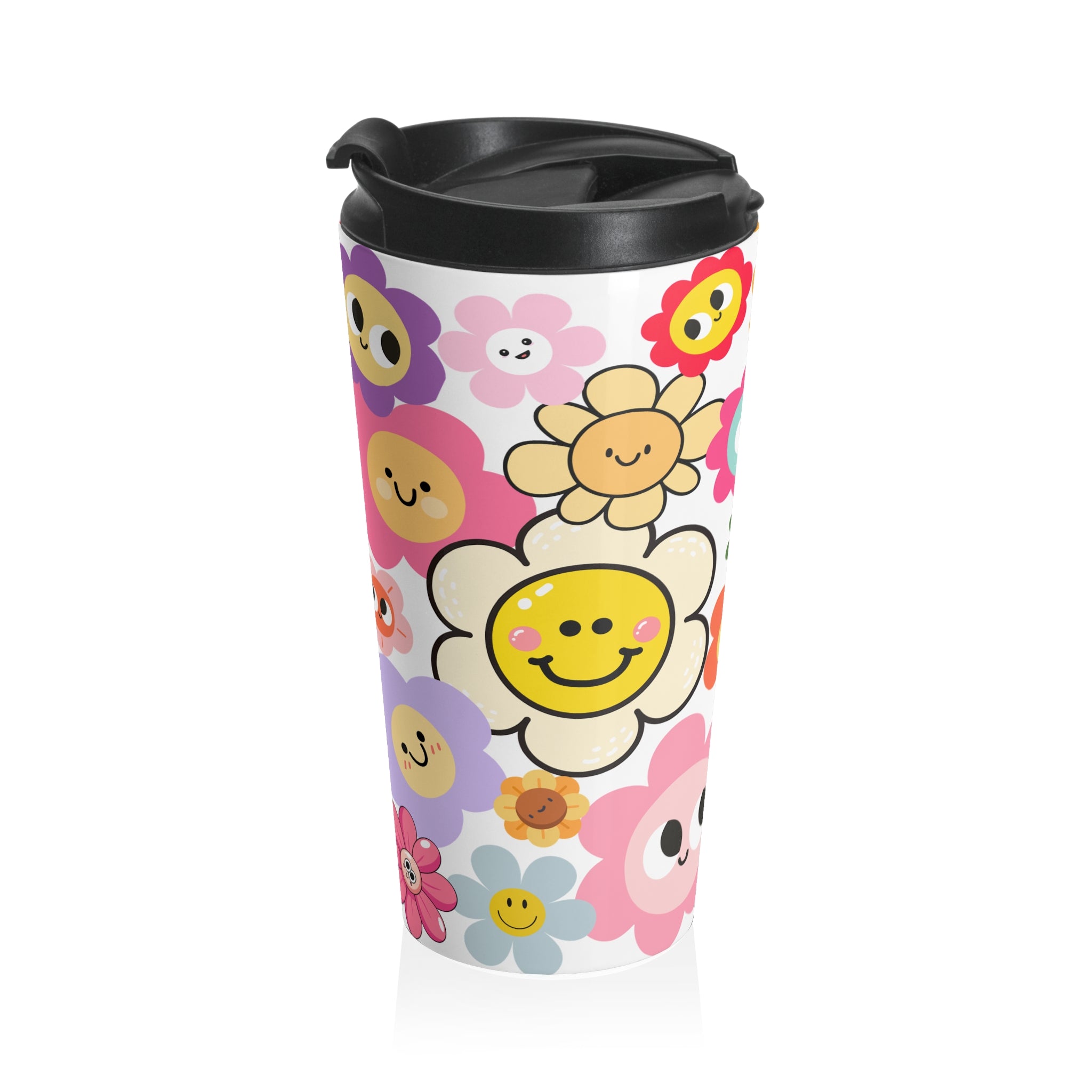 Happy Flower Faces Stainless Steel Travel Mug — Colorful Cute Floral Tumbler
