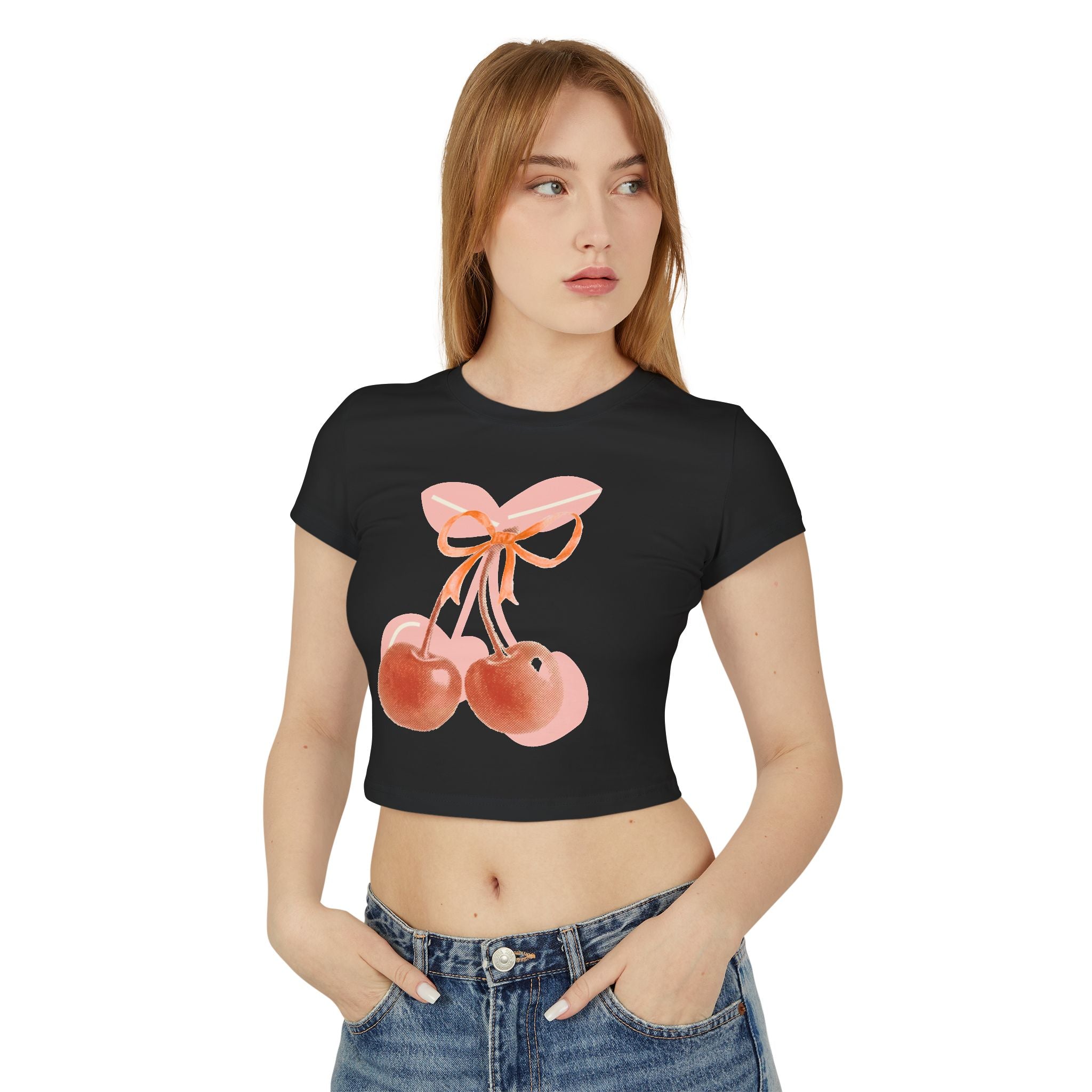 Cherry Bow Crop Tee — Cute Pink Watercolor Fruit Graphic Women's Baby Tee