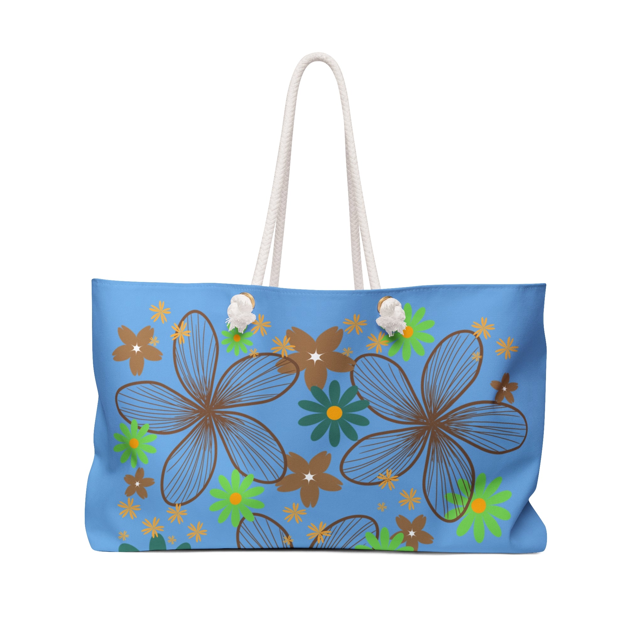 Floral Blue Weekender Bag — Retro Tropical Flower Travel Tote