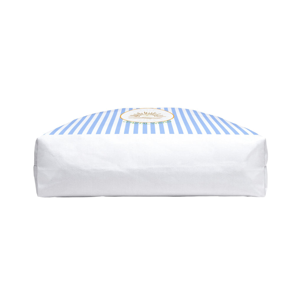 Weekender Tote Bag — Blue Striped Beach Tote with Sunrise Emblem