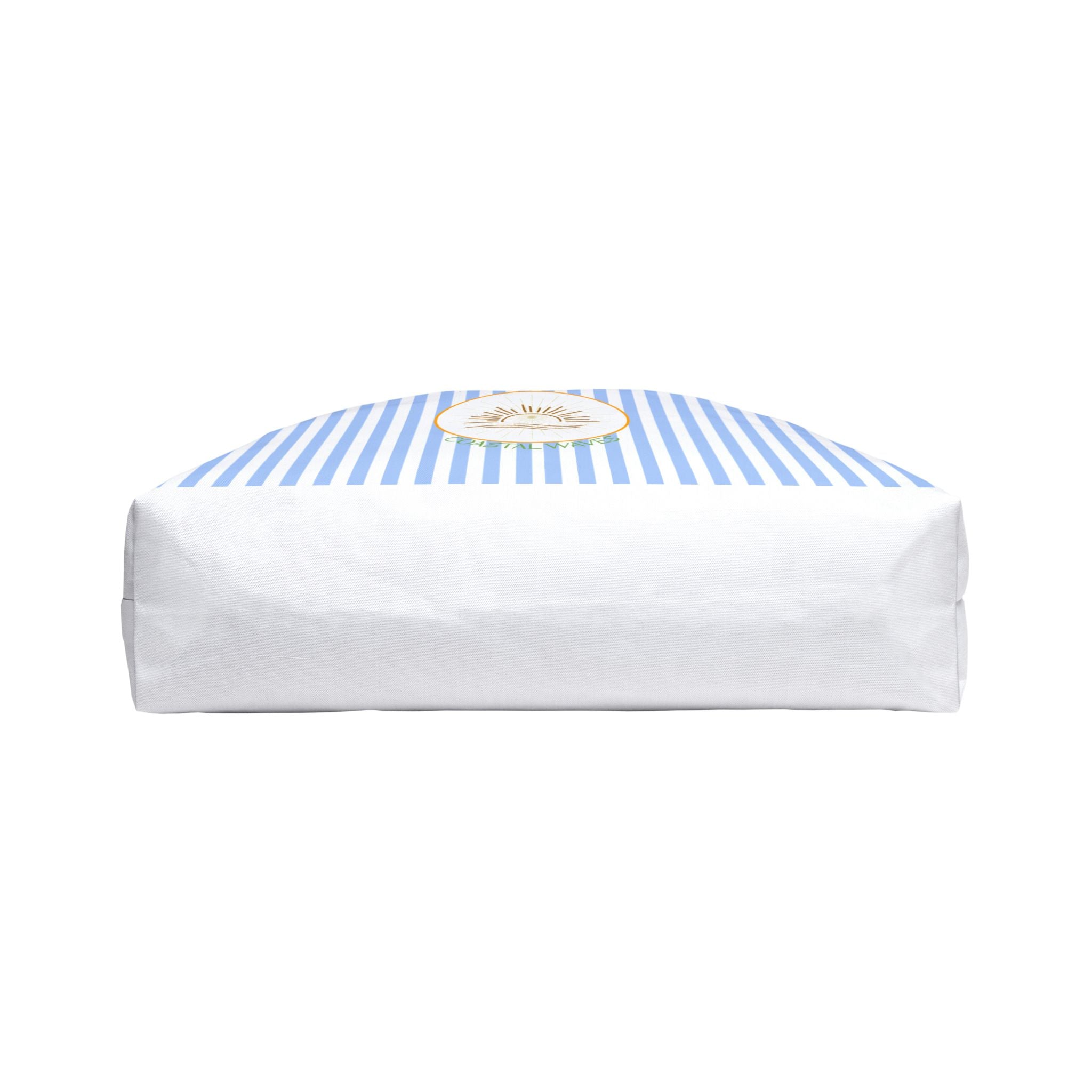 Weekender Tote Bag — Blue Striped Beach Tote with Sunrise Emblem