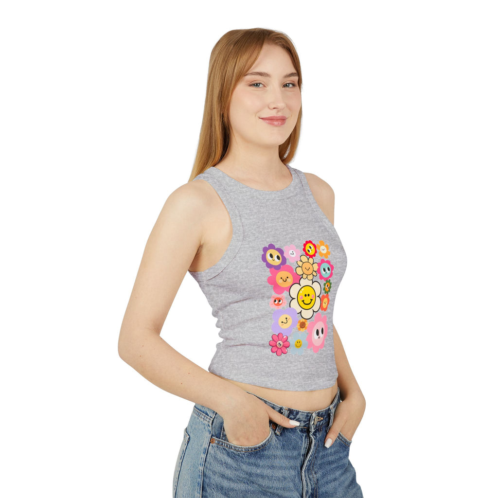Smiley Flower Crop Tank — Cute Floral Smiley Graphic Racerback Tank
