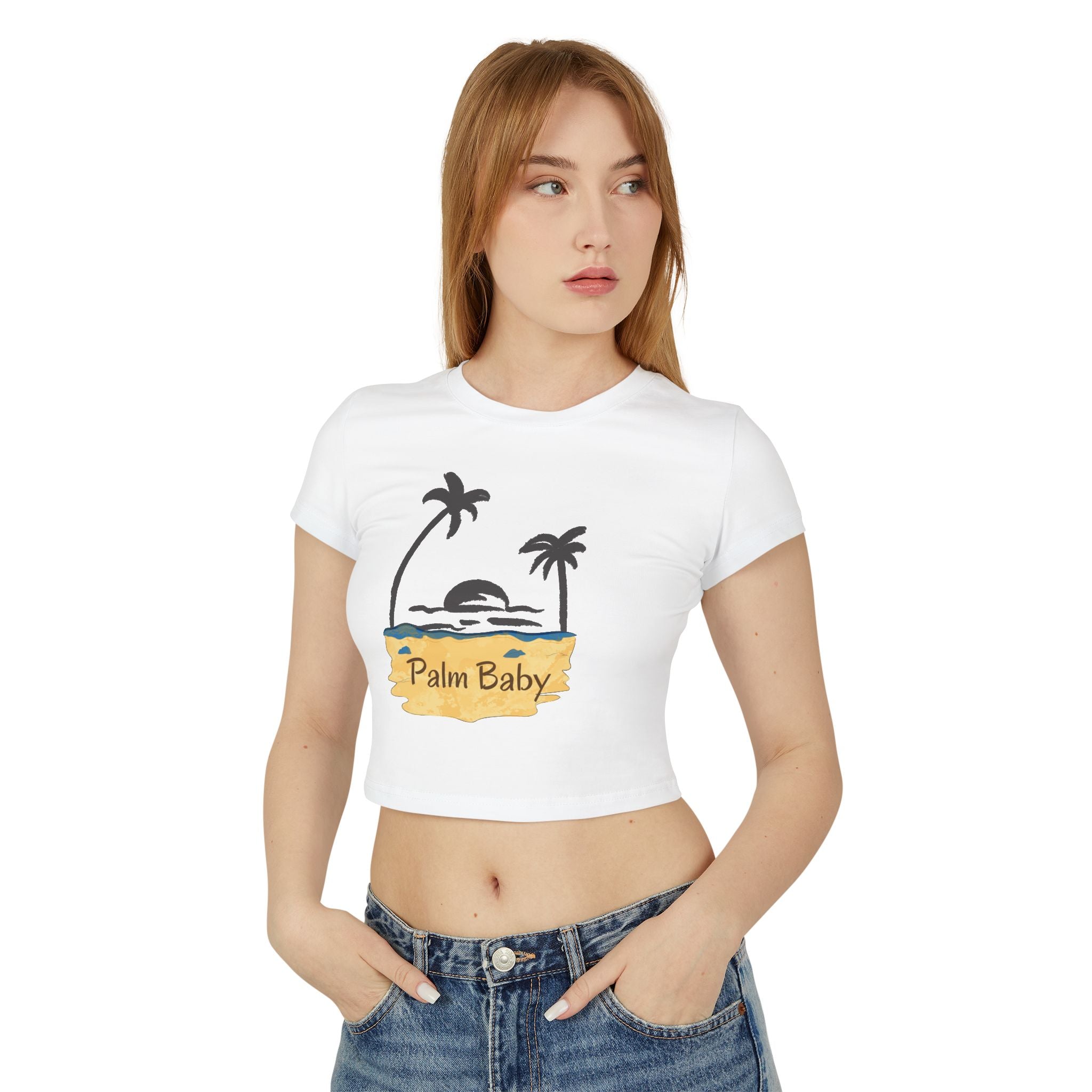 Palm Baby Women's Baby Tee — Tropical Palm Tree Sunset Crop Top