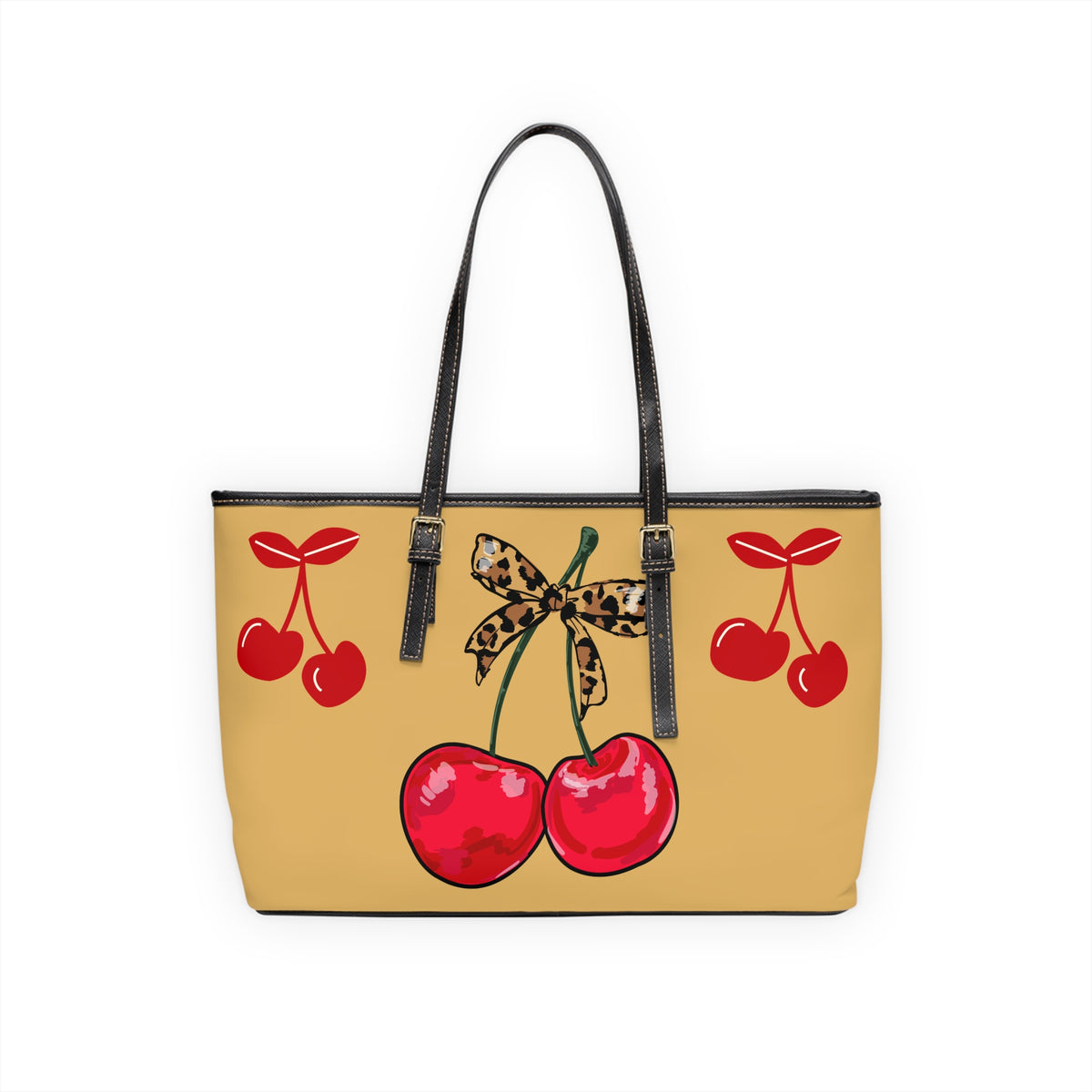 Cherry Bow PU Shoulder Bag – Retro Red Cherries with Leopard Bow Tote