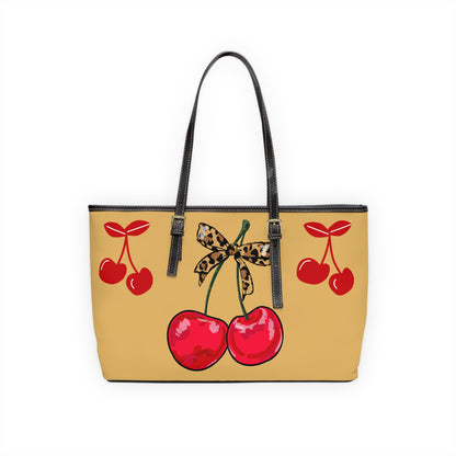 Cherry Bow PU Shoulder Bag – Retro Red Cherries with Leopard Bow Tote
