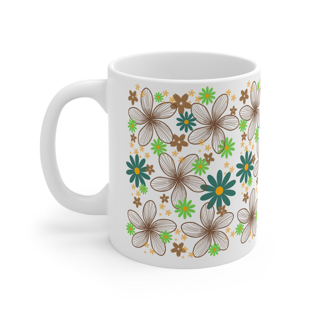 Floral Retro Ceramic Mug — Brown, Teal & Green Flower Pattern (11oz & 15oz)