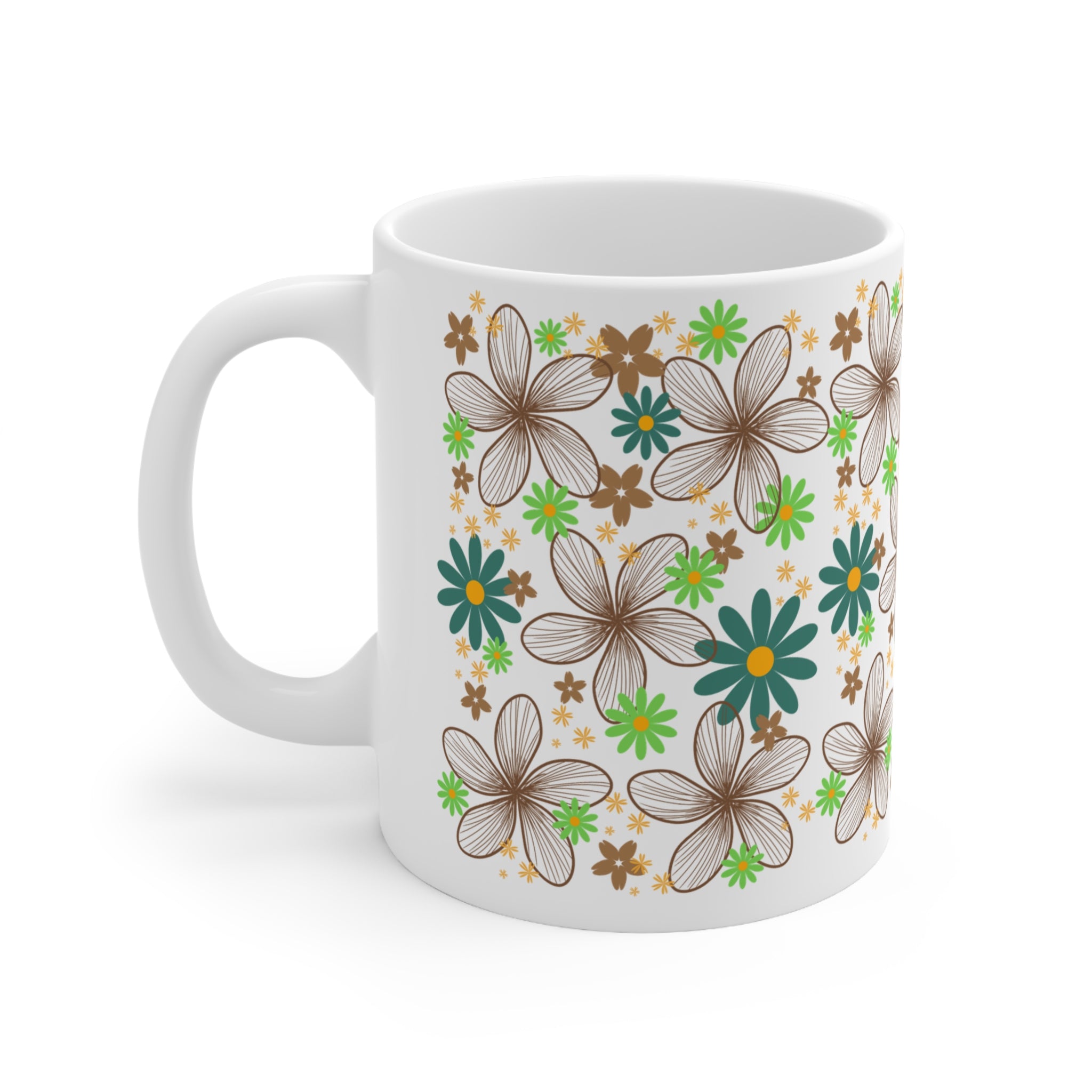 Floral Retro Ceramic Mug — Brown, Teal & Green Flower Pattern (11oz & 15oz)