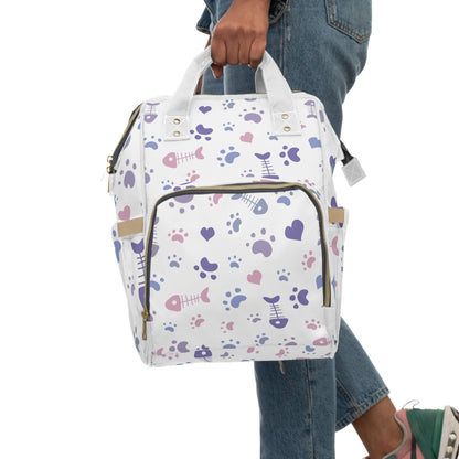 Diaper Backpack – Cute Paw & Fishbone Print Multifunctional Nappy Bag for New Parents