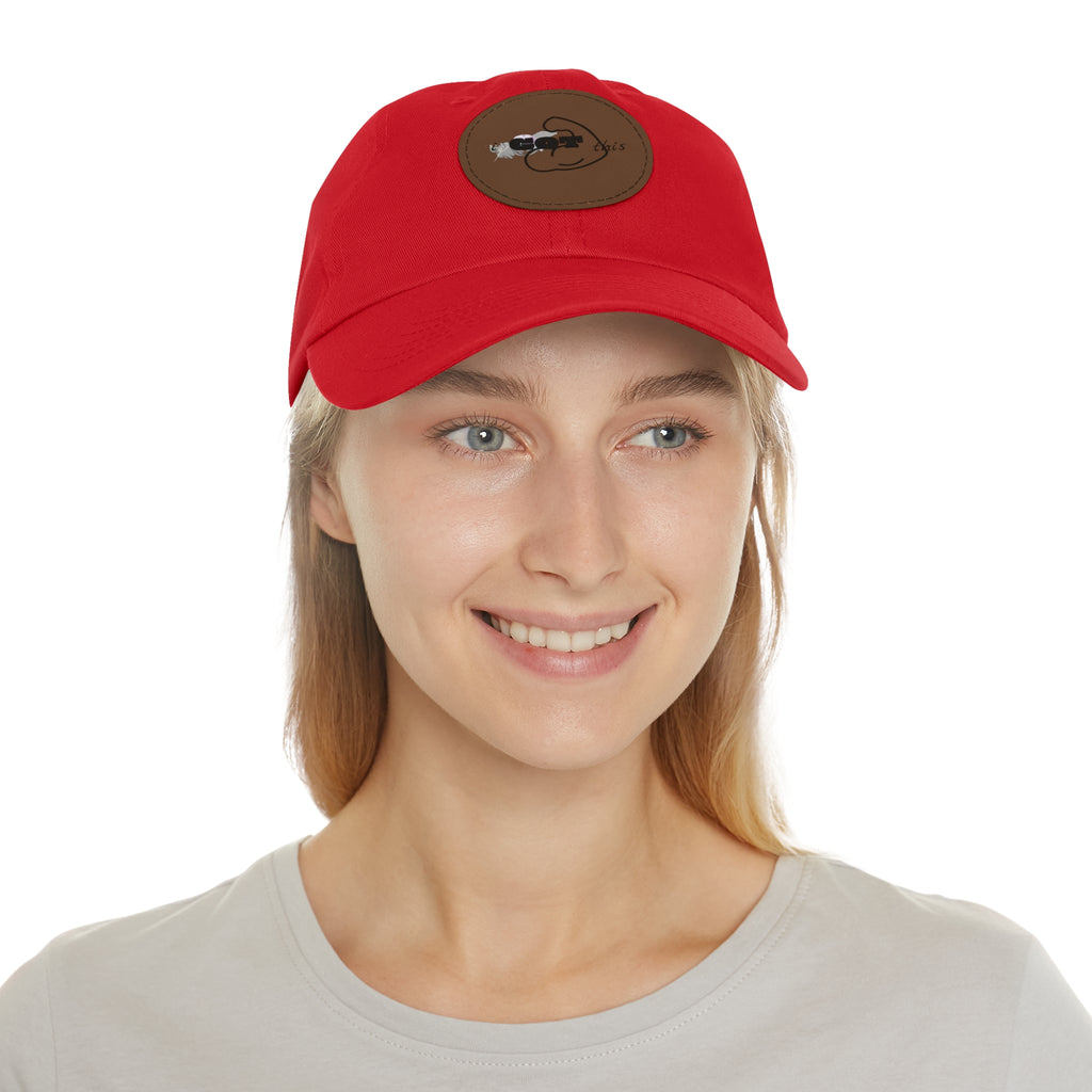 White Dad Hat with Round Leather Patch - Blue Abstract Fish Design