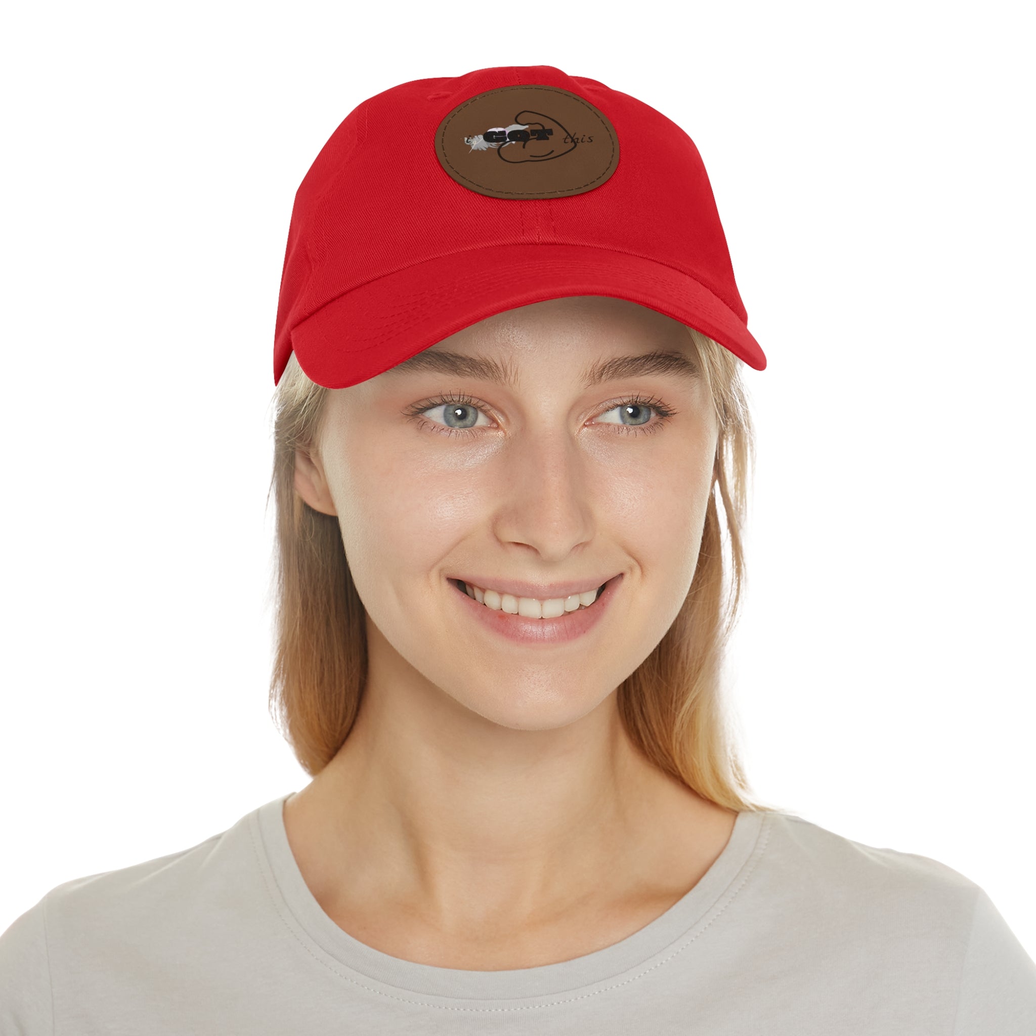 White Dad Hat with Round Leather Patch - Blue Abstract Fish Design