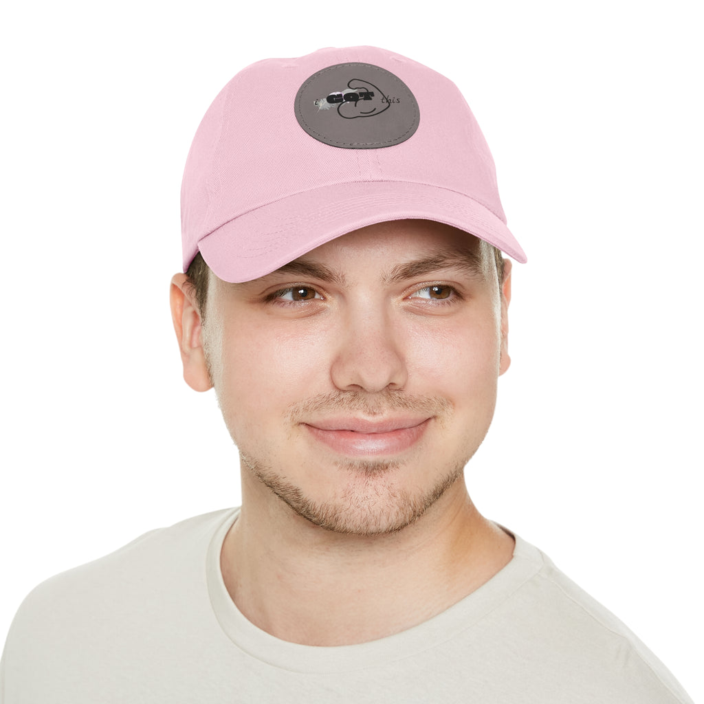 White Dad Hat with Round Leather Patch - Blue Abstract Fish Design