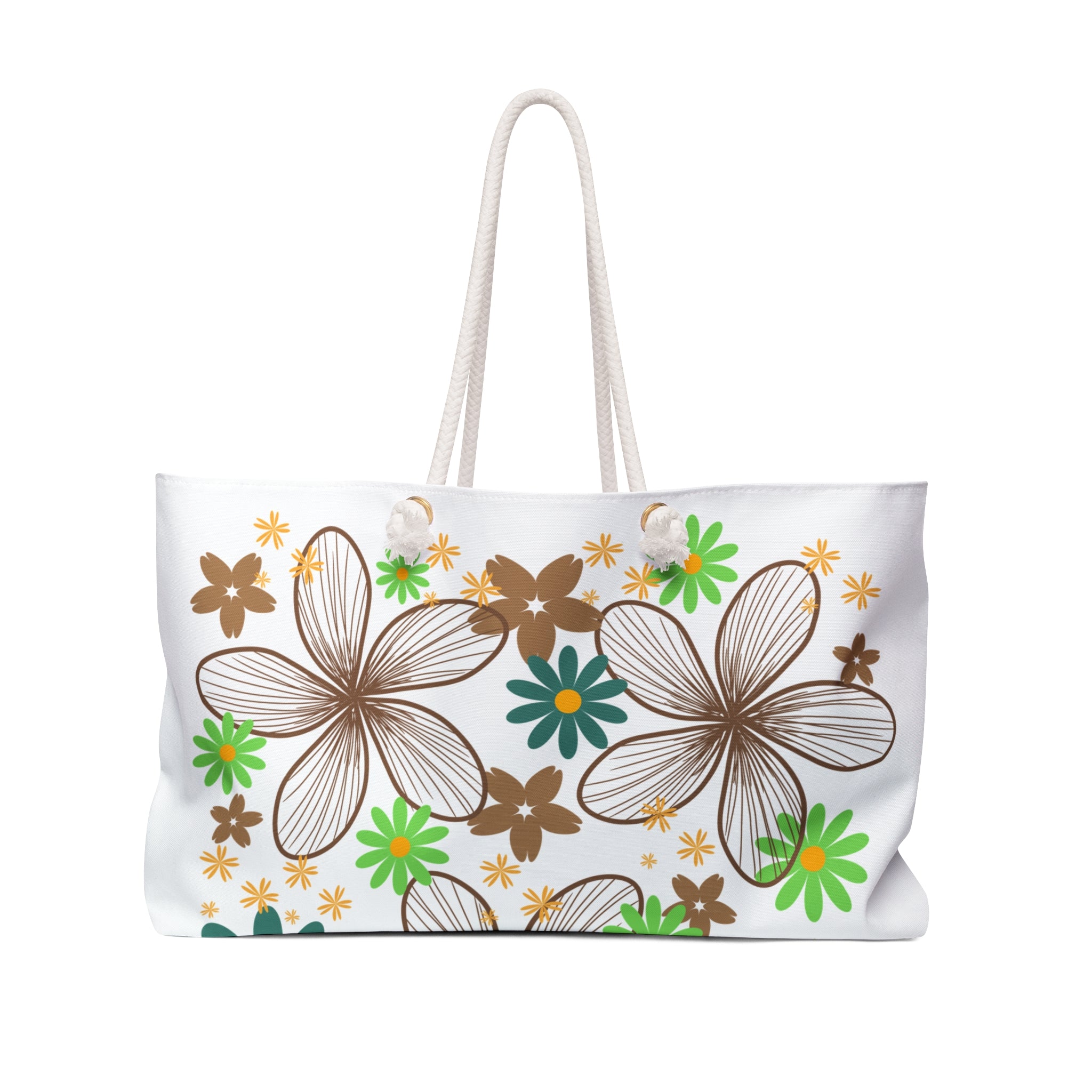 Floral Beach Weekender Bag — Brown & Green Retro Flower Travel Tote