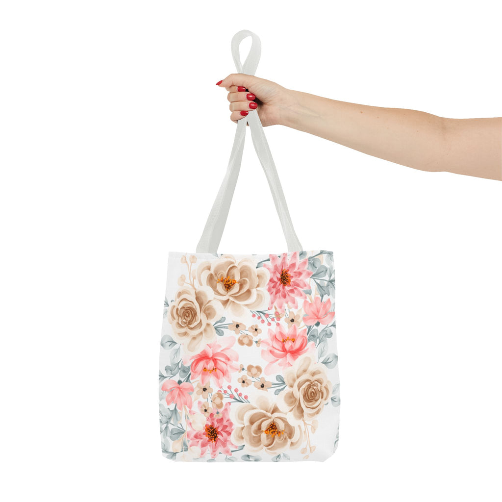 Floral Watercolor Tote Bag — Pink & Beige Garden Roses All-Over Print