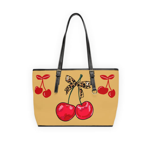 Cherry Bow PU Shoulder Bag – Retro Red Cherries with Leopard Bow Tote