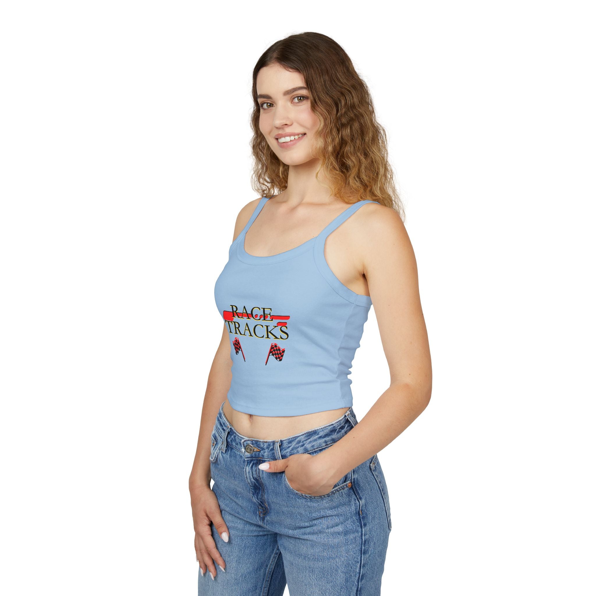 Race Tracks Crop Tank Top — Racing Flag Graphic Womens Spaghetti Strap Tank