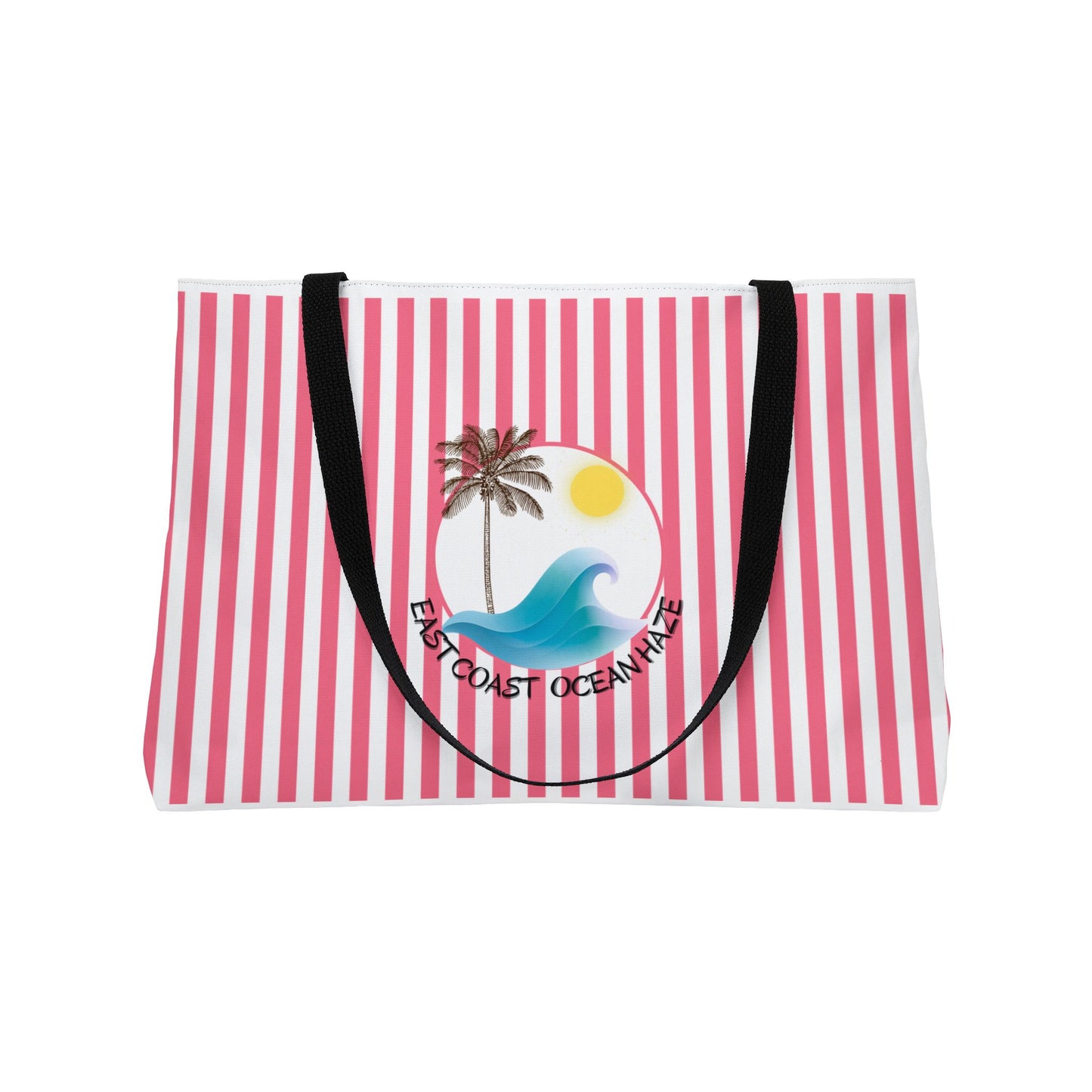 Weekender Tote Bag — Pink Striped Beach Tote with Palm Tree & 'Goodbye Oceans' Graphic