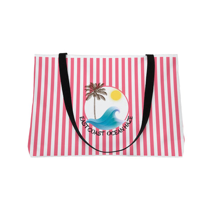 Weekender Tote Bag — Pink Striped Beach Tote with Palm Tree & 'Goodbye Oceans' Graphic