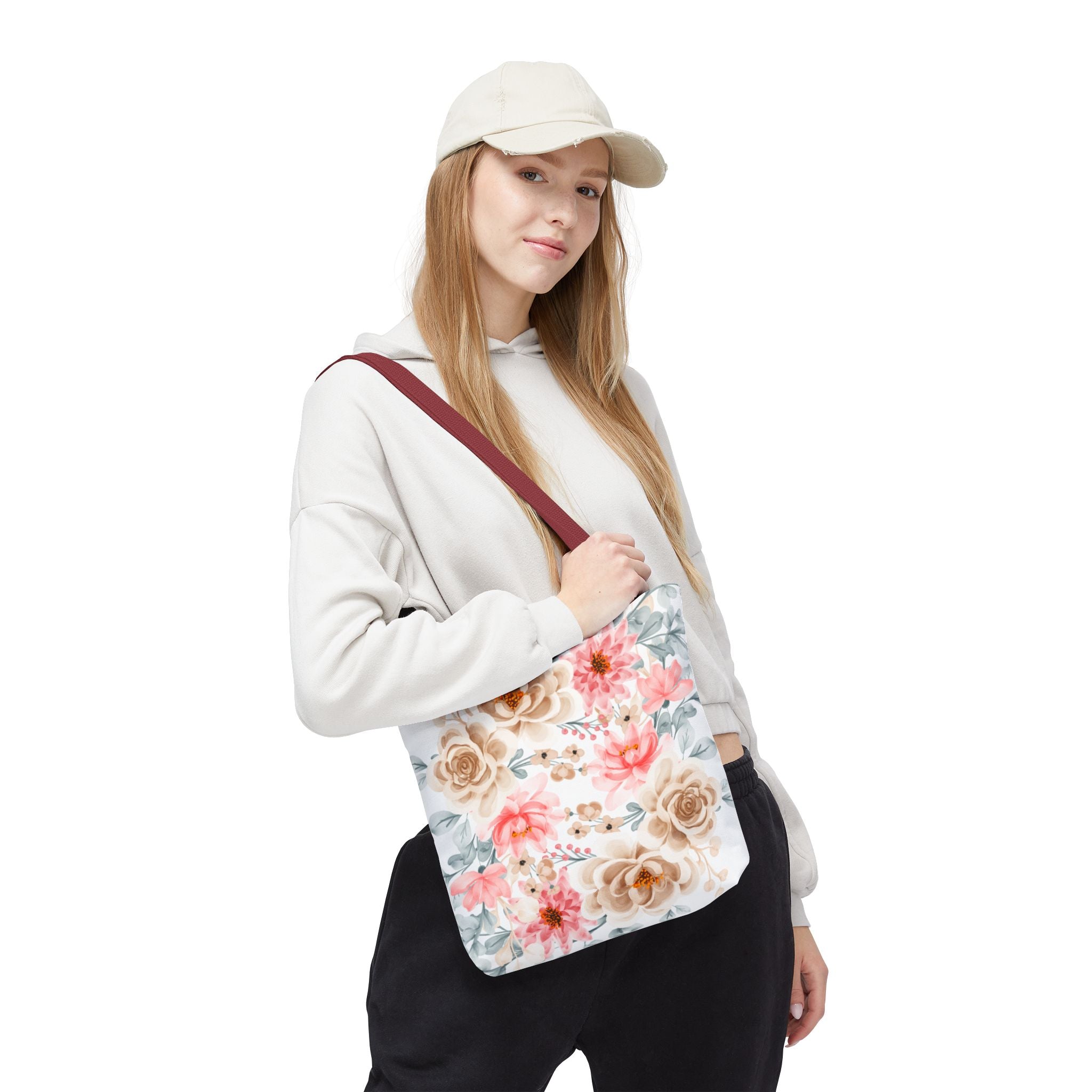 Floral Watercolor Tote Bag — Pink & Beige Garden Roses All-Over Print