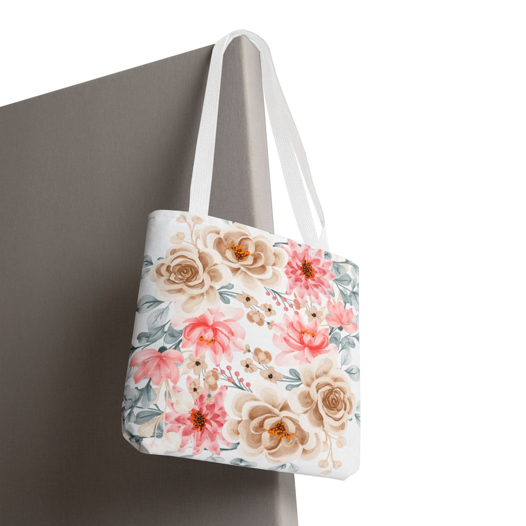 Floral Watercolor Tote Bag — Pink & Beige Garden Roses All-Over Print