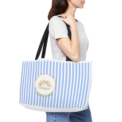 Weekender Tote Bag — Blue Striped Beach Tote with Sunrise Emblem